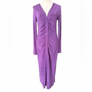Area Stars Vibrant Purple Button Down Long Sleeve Rushed Dress